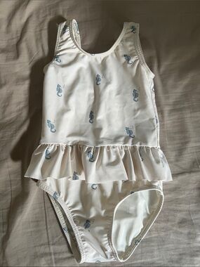 Rylee + Cru White Girls Seahorse Print Ruffle Swim Suit